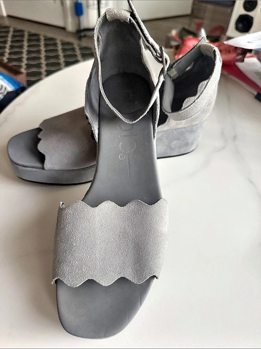 Nicole Scalloped Platform Sandals in Gray